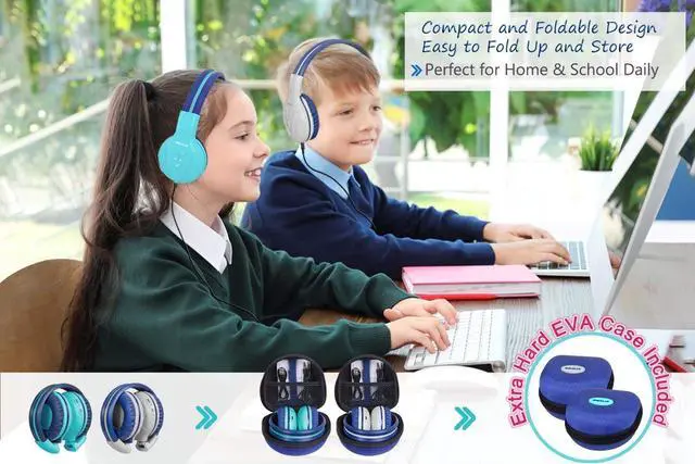 Alt view image 5 of 5 - SIMOLIO 2 Pack Kids Bluetooth Headphones with Hearing Protection, Wireless Children Headphones with EVA Case for School, Travel, Boys, Girls, Teens (Grey, Mint)