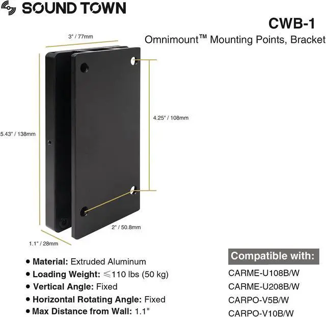 Alt view image 5 of 5 - Sound Town 2-Pack Universal Speaker Wall Mount Brackets, 4.25" x 2" Mounting Template, Black (CWB-1-PAIR)