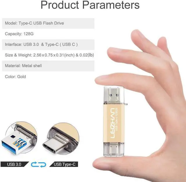 Alt view image 4 of 5 - leizhan 128GB USB Flash Drive Thumb Drives Jump Drive Storage Memory Stick Type-C/USB 2 in 1, with 2 Pcs adapters (USB to Micro/Type-C) fit Most Devices - Gold