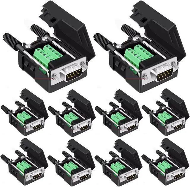 Main image of Willwewon 10PCS DB9 Male Solderless Breakout Connector, RS232 D-SUB DB9 Serial to 9Pin Port Terminal Block with Case Long Bolts Tail Pipe