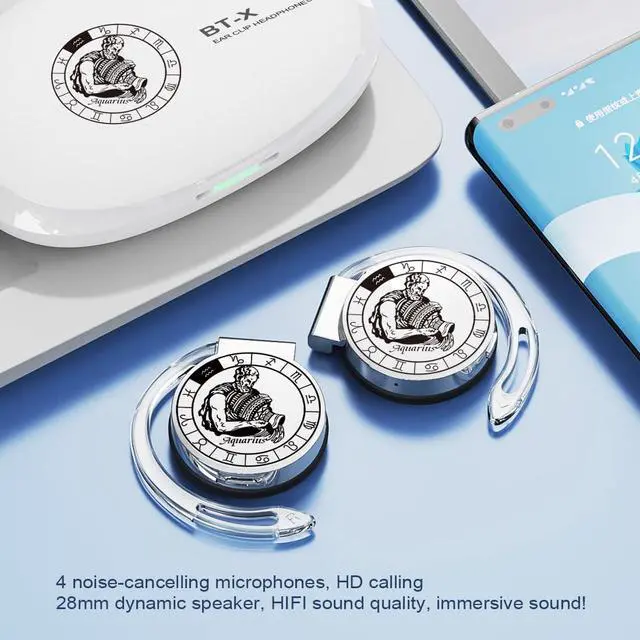 Alt view image 4 of 5 - On-Ear Headphones Bluetooth V5.3, Open Ear Earphones Wireless with Earhooks, Ear Clip on Headphones Bluetooth for Aquariu Friends' Gifts of 12 Constellations, Noise Cancelling/Long Battery Life