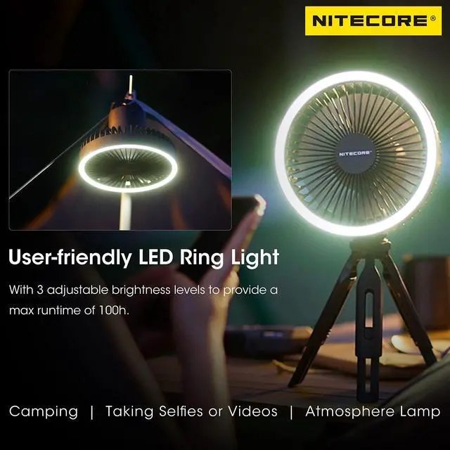 Alt view image 5 of 5 - Nitecore NEF10 Multifunctional Portable Electric Fan with LED Ring Light, Flexible Ball Head Tripod, Brushless Motor 10000mAh Battery(Grey)