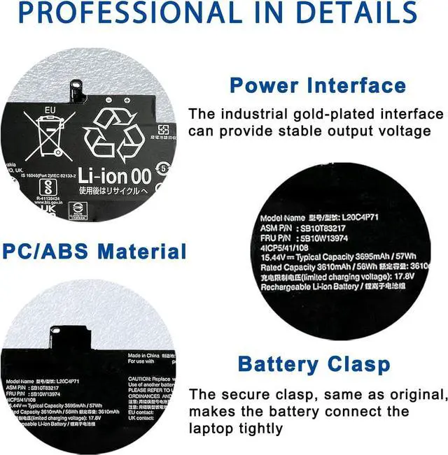 Alt view image 3 of 5 - L20C4P71 SB10T83217 5B10W13974 L20D4P71 L20L4P71 Laptop Battery Replacement for Lenovo ThinkPad X1 Carbon 9th 10th 11th Gen 10th Gen X1 Yoga 6th 7th Gen 2021 Series L20M4P71 L20D4P71 SB10T83216
