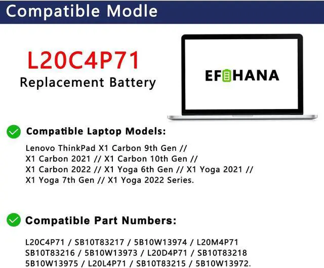 Alt view image 5 of 5 - L20C4P71 SB10T83217 5B10W13974 L20D4P71 L20L4P71 Laptop Battery Replacement for Lenovo ThinkPad X1 Carbon 9th 10th 11th Gen 10th Gen X1 Yoga 6th 7th Gen 2021 Series L20M4P71 L20D4P71 SB10T83216