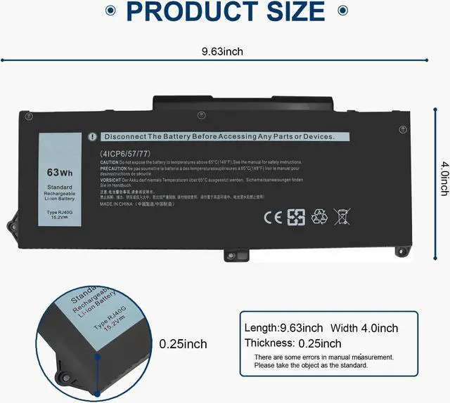 Alt view image 2 of 5 - 63Wh RJ40G Laptop Battery Li-Polymer Replacement for Dell Latitude 14 5420 15 5520 Precision 15 3560 P137G P137G001 P104F P104F001 P104F002, fit for RJ4OG 01K2CF 075X16 WY9DX 0WK3F1 0M3KCN 005R42