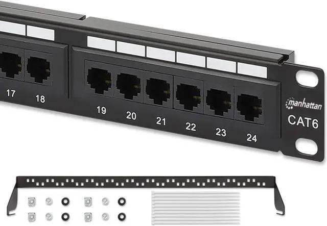 Main image of MANHATTAN 24-Port Network Patch Panel Cat-6  1U UL Listed - Rackmount Wall Mount  Cable Management Bar  Rack Mount Hardware - Installer Grade 3µ Gold Plated Contacts - Lifetime Mfg Warranty 720786