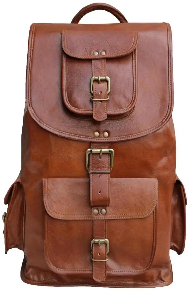 Main image of Jaald 18" Leather Laptop Backpack Vintage Rucksack Daypack College Bag School Picnic Bag Full Grain Leather
