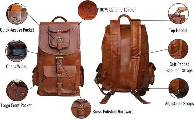 Alt view image 3 of 5 - Jaald 18" Leather Laptop Backpack Vintage Rucksack Daypack College Bag School Picnic Bag Full Grain Leather
