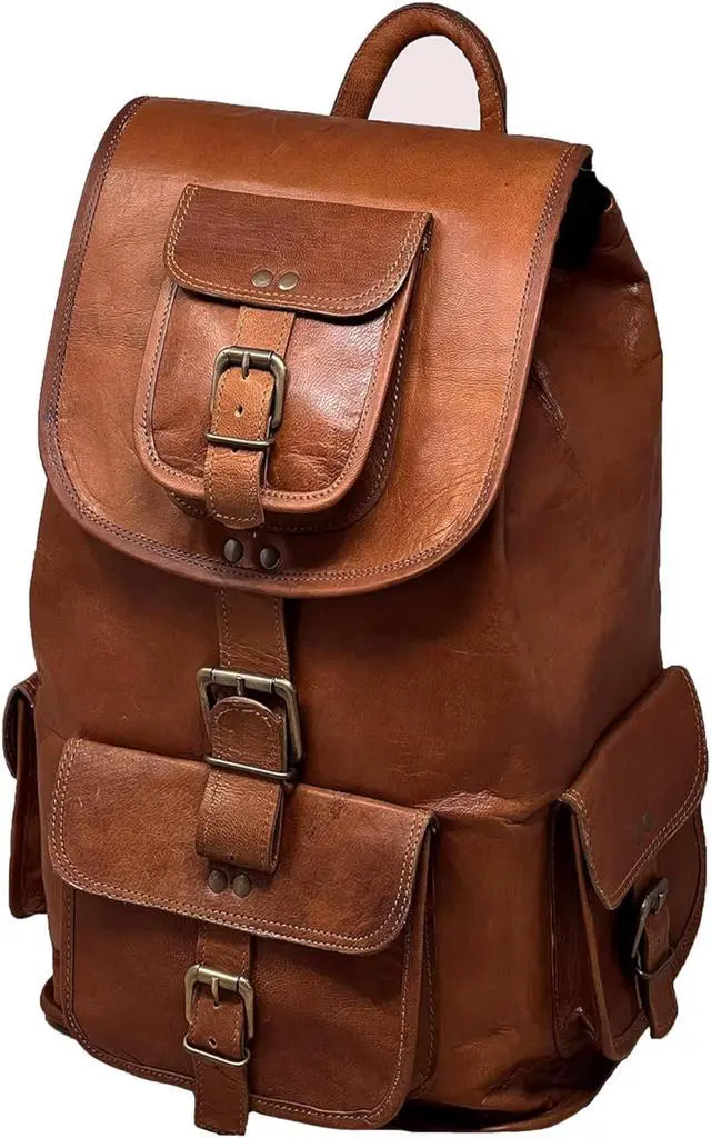 Alt view image 2 of 5 - Jaald 18" Leather Laptop Backpack Vintage Rucksack Daypack College Bag School Picnic Bag Full Grain Leather