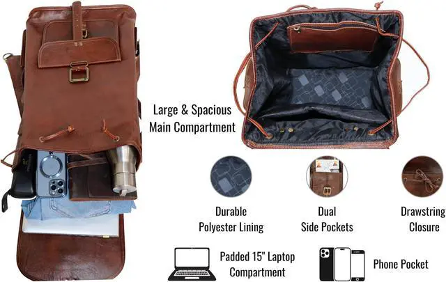 Alt view image 4 of 5 - Jaald 18" Leather Laptop Backpack Vintage Rucksack Daypack College Bag School Picnic Bag Full Grain Leather
