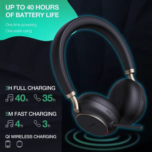 Alt view image 2 of 5 - Yealink BH76 UC Wireless Headset for Work, Bluetooth Headsets with 5X Microphone Active Noise Cancelling, Retractable Mic Arm, ANC Business Headsets for PC Teams Zoom Meeting Call, up to 35h Talking