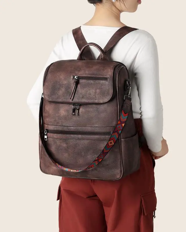 Alt view image 5 of 5 - FADEON Laptop Backpack for Women Leather Travel Backpack with Laptop Compartment, Designer Ladies Computer Backpacks Coffee