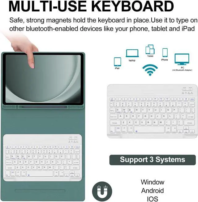 Alt view image 2 of 5 - BORIYUAN Keyboard Case for Samsung Galaxy Tab A9 Plus 5G 11 Inch 2023(SM-X210/X216/X218) - Detachable Wireless Bluetooth Keyboard Folio Smart Cover with S Pen Holder for Galaxy Tab A9+ 11" (Green)