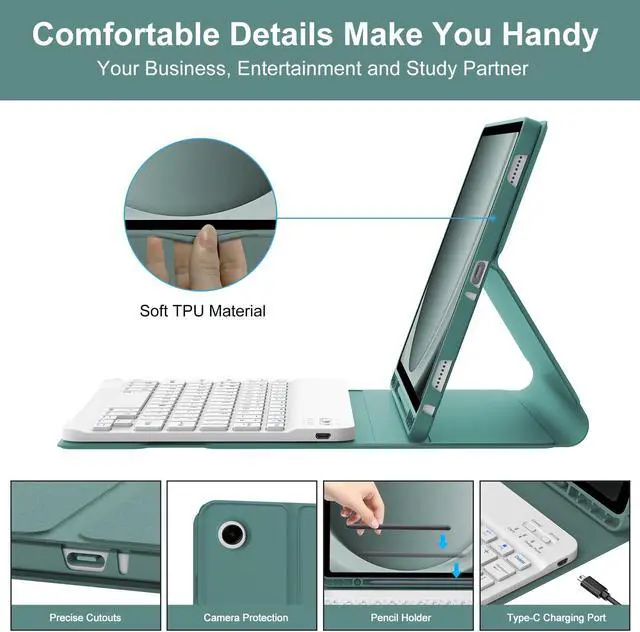 Alt view image 5 of 5 - BORIYUAN Keyboard Case for Samsung Galaxy Tab A9 Plus 5G 11 Inch 2023(SM-X210/X216/X218) - Detachable Wireless Bluetooth Keyboard Folio Smart Cover with S Pen Holder for Galaxy Tab A9+ 11" (Green)