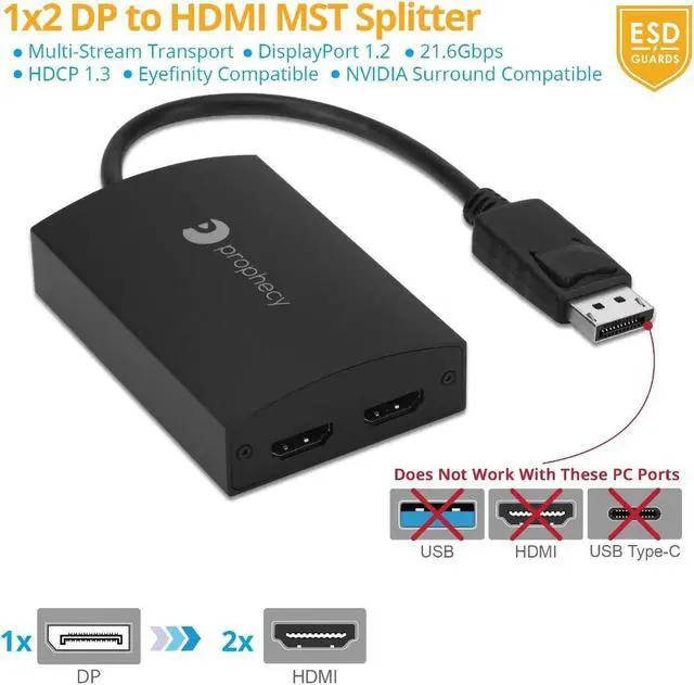 Alt view image 3 of 5 - gofanco Prophecy 1x2 DisplayPort 1.2 to 2 Port HDMI Multi Monitor Adapter  DP to Dual HDMI MST Hub w. Extended Display Mode, 4K @30Hz, for Windows PCs, Not Mac OS Compatible, TAA Compliant