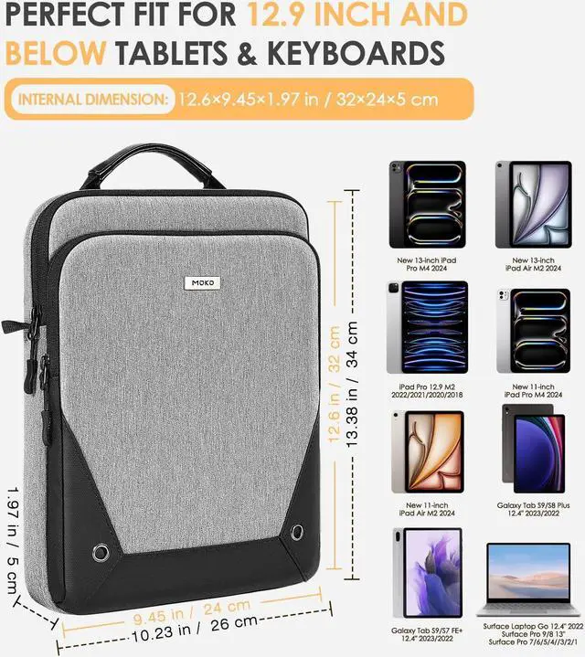 Alt view image 2 of 5 - MoKo 12.9 Inch Tablet Sleeve Bag 360° Protection Compatible with 13 Inch New iPad Pro M4 & Air M2 2024, iPad Pro 12.9 M2&M1, Galaxy Tab S8/S9 Plus 12.4" 2023, with Handle and Shoulder Strap, Gray
