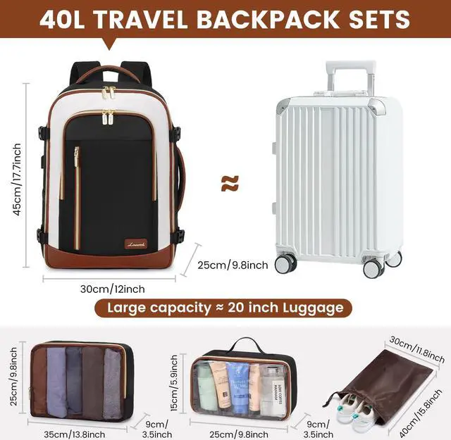 Alt view image 2 of 5 - LOVEVOOK Travel Backpack for Women & Men, 40L Carry On Backpack, Personal Item Bag with 3 Packing Cubes, Business Weekender Overnight Luggage Daypack, Fits 17 Inch Laptop, Black Beige