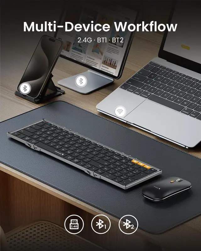 Alt view image 3 of 5 - ProtoArc Foldable Keyboard and Mouse, XKM01 True Full-Size Folding Keyboard Mouse Combo for Business and Travel, 2.4G+Dual Bluetooth Portable Mouse Keyboard for Laptop iPads Tablets - Black Gray