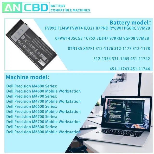 Alt view image 5 of 5 - New Laptop FV993 FJJ4W Battery for Dell Precision M4600 M4700 M4800 M6600 M6700 M6800 Series Battery Fits Type KJ321 R7PND RY6WH 7DWMT JHYP2 K4RDX PG6RC 0TN1K5 T3NT1 V7M28 H1MNH N71FM 11.1V/97Wh