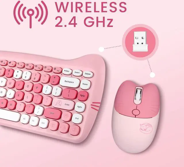 Alt view image 2 of 5 - Perixx PERIDUO-715 Wireless Mini Keyboard and Mouse Set - Cute Cat-Like Design - Pink Candy Colors - Type-C Adapter - US English
