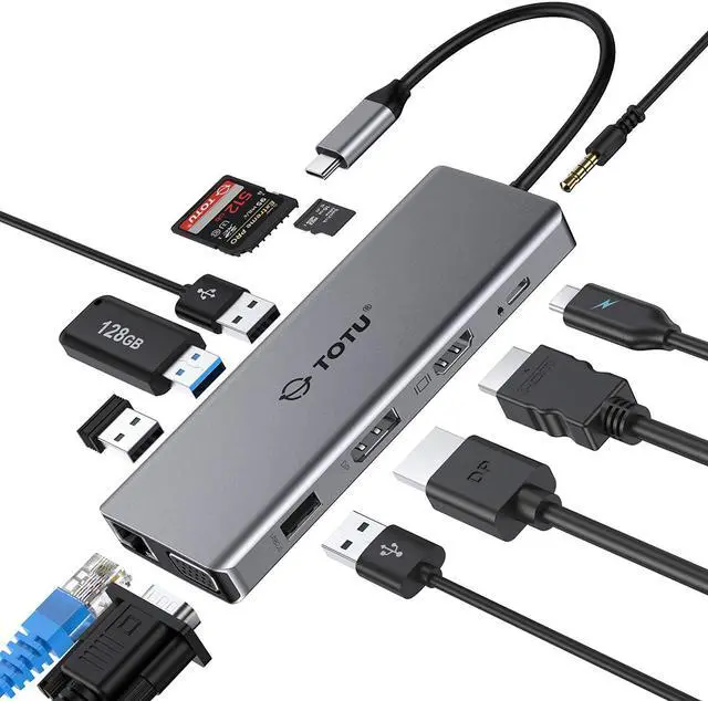 Main image of USB C Hub, TOTU Upgraded 13 in 1 Type C Hub to 4K HDMI & DP, VGA, 2 USB3.0/2 USB2.0/75W PD, Triple Display Docking Station for MacBook Pro and Windows USB C Systems, macOS only Support Mirror 1