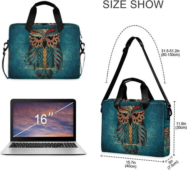 Alt view image 3 of 5 - ALAZA Owl Print Boho Ethnic Laptop Case Bag Sleeve Portable Crossbody Messenger Briefcase w/Strap Handle, 13 14 15.6 inch