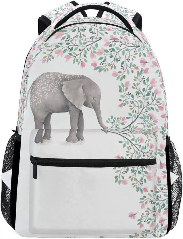 Main image of ALAZA Elephant With Flowers Floral White Stylish Large Backpack Personalized Laptop iPad Tablet Travel School Bag with Multiple Pockets
