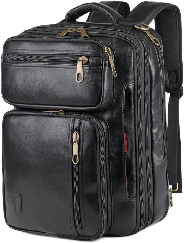 Main image of Vegan Leather Laptop Backpack Briefcase Hybrid 15.6 Inch Laptop Travel Backpack Hiking College Backpack for Men BC-04 (Black)