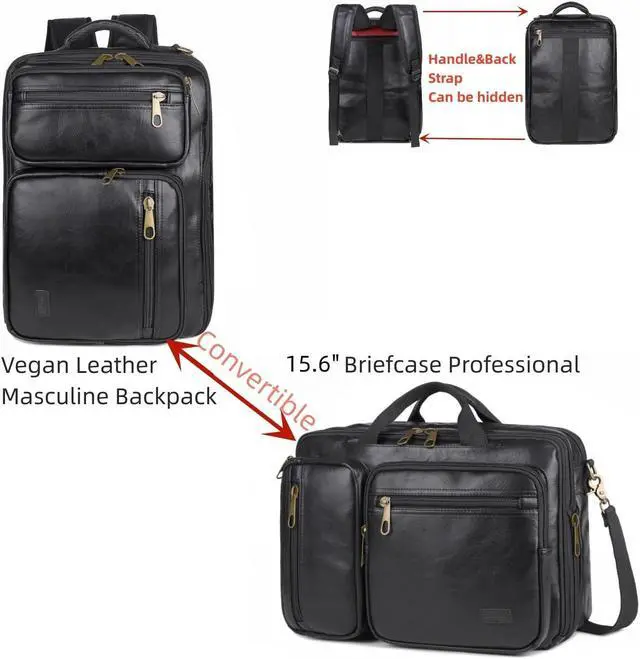 Alt view image 2 of 5 - Vegan Leather Laptop Backpack Briefcase Hybrid 15.6 Inch Laptop Travel Backpack Hiking College Backpack for Men BC-04 (Black)
