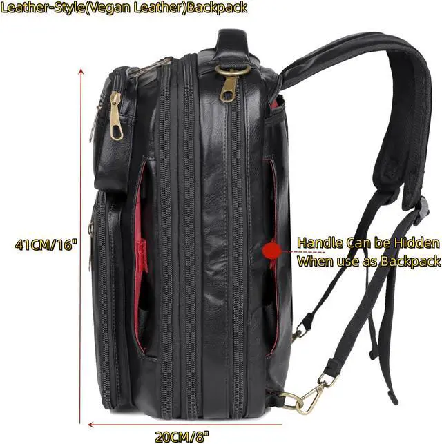 Alt view image 5 of 5 - Vegan Leather Laptop Backpack Briefcase Hybrid 15.6 Inch Laptop Travel Backpack Hiking College Backpack for Men BC-04 (Black)