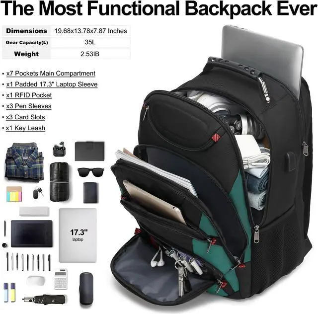 Alt view image 5 of 5 - Boavan Laptop Backpack for men, 17.3 inch Laptop Bag with USB Port, Waterproof Travel Work Backpack Purse, Anti-Theft Teacher Nurse Doctor Casual Bookbags Office Business backpackBlack&Deep Juniper