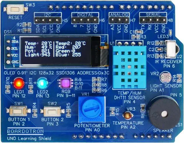 Main image of Boardotron UNO Learning Shield + UNO R3 Board Compatible with Arduino Pre-Assembled All-in-One Starter Beginner Multifunctional Expansion Kit