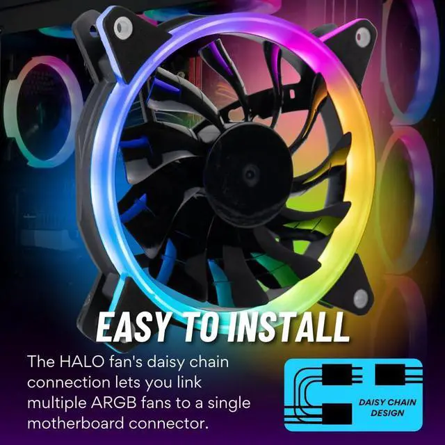 Alt view image 3 of 5 - Empowered PC 5-Pack Halo High Performance Quiet ARGB CPU Cooling Fans (600-2000rpm PWM, Daisy-Chainable, 2.6mm H2O Pressure & 56CFM Airflow @36dBA, 3-Pin, 25 x 120mm, 3yr Warranty)