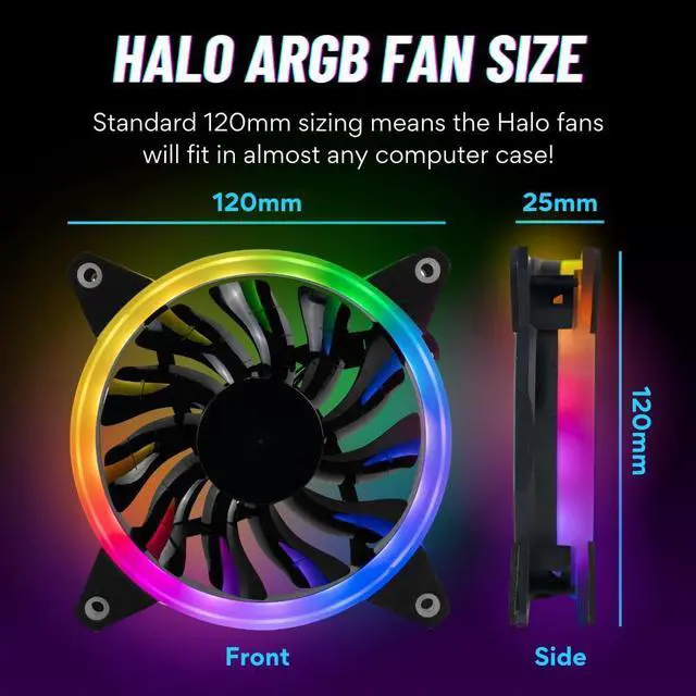 Alt view image 5 of 5 - Empowered PC 5-Pack Halo High Performance Quiet ARGB CPU Cooling Fans (600-2000rpm PWM, Daisy-Chainable, 2.6mm H2O Pressure & 56CFM Airflow @36dBA, 3-Pin, 25 x 120mm, 3yr Warranty)