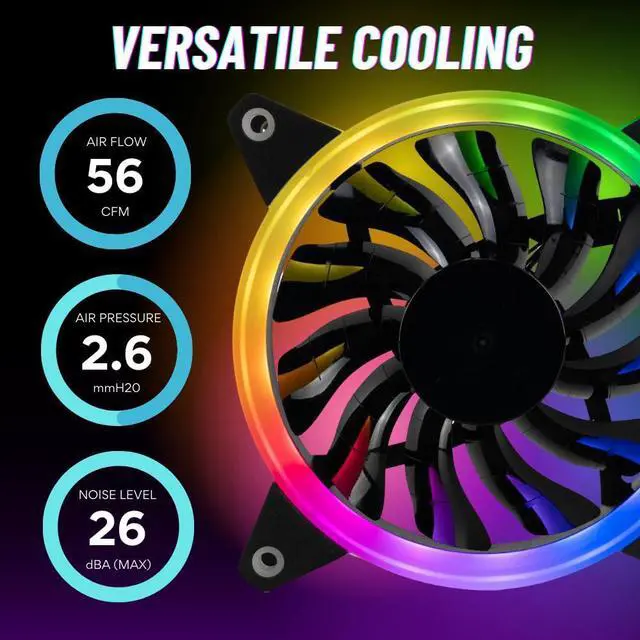 Alt view image 4 of 5 - Empowered PC 5-Pack Halo High Performance Quiet ARGB CPU Cooling Fans (600-2000rpm PWM, Daisy-Chainable, 2.6mm H2O Pressure & 56CFM Airflow @36dBA, 3-Pin, 25 x 120mm, 3yr Warranty)