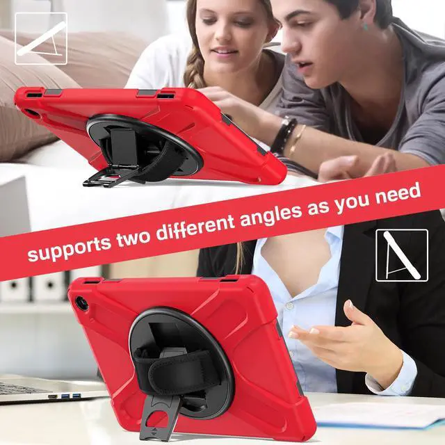 Alt view image 4 of 5 - FONREST for All-New Fire HD 10 Tablet 13th Generation 2023 Release 10.1" Rugged Case, Portable Heavy Duty Shock-Proof Armor Cover with 360° Rotatable Kickstand/Hand Grip, Shoulder Strap (Red)