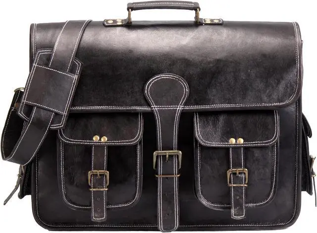 Alt view image 3 of 5 - HULSH 18 Inches Leather laptop bag for men and women | Black Genuine leather briefcase bag for men Vintage Look Handmade leather messenger bag for men 17 inch Laptop fits Perfectly Unique and Classy