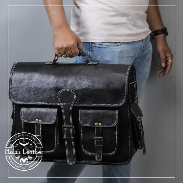 Alt view image 2 of 5 - HULSH 18 Inches Leather laptop bag for men and women | Black Genuine leather briefcase bag for men Vintage Look Handmade leather messenger bag for men 17 inch Laptop fits Perfectly Unique and Classy