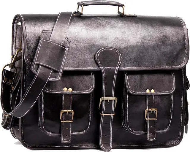 Main image of HULSH 18 Inches Leather laptop bag for men and women | Black Genuine leather briefcase bag for men Vintage Look Handmade leather messenger bag for men 17 inch Laptop fits Perfectly Unique and Classy