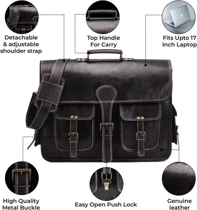 Alt view image 5 of 5 - HULSH 18 Inches Leather laptop bag for men and women | Black Genuine leather briefcase bag for men Vintage Look Handmade leather messenger bag for men 17 inch Laptop fits Perfectly Unique and Classy