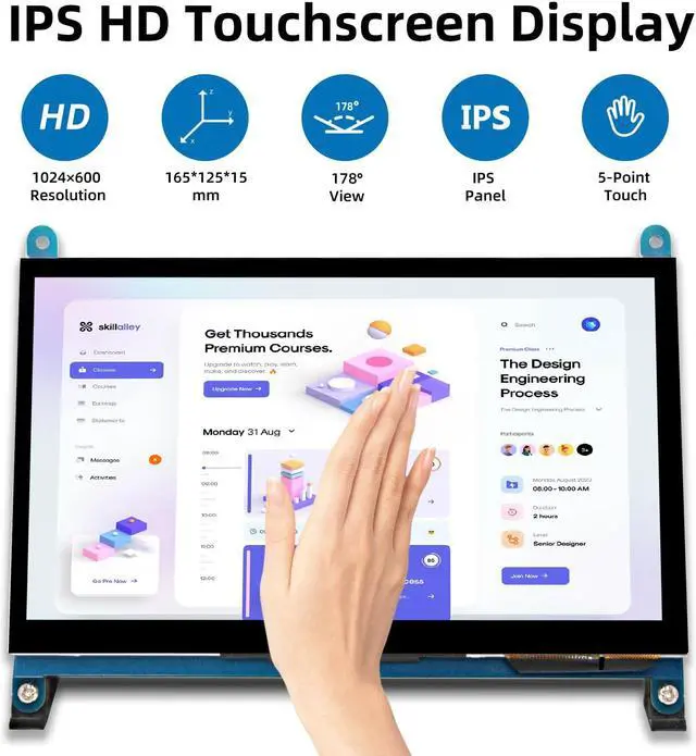 Alt view image 2 of 5 - iPistBit 7 Inch LCD Touch Screen, 1024x600 IPS Display with Stand, HDMI Portable Monitor for Raspberry Pi 5/4B/3B+/3B/B+/Zero/400, BB Black, Windows 10 8 7, Free Driver