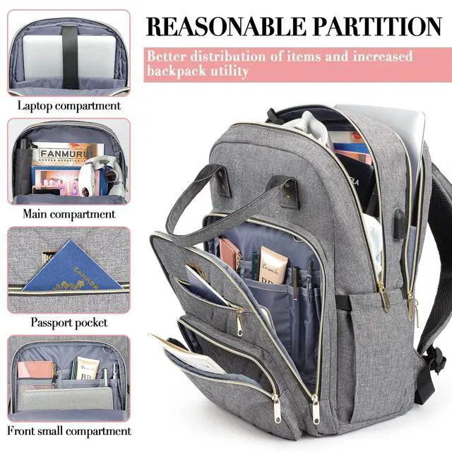 Alt view image 2 of 5 - Kuosdaz Travel Backpack for Women, 15.6 Inch Work Laptop Backpack, Water Resistant Backpack for Business with USB Charging Port, Anti-theft Student Teacher Bookbags, Large Daypacks for Women, Grey