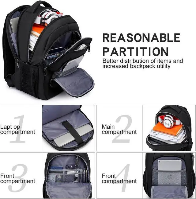 Alt view image 2 of 5 - Liokesa Travel Laptop Backpack, 17.3 Inch Large Backpack for School, Business Laptop Backpack with USB Charging Port, Anti Theft Water Resistant College Computer Bag Daypack for Men Women, Black