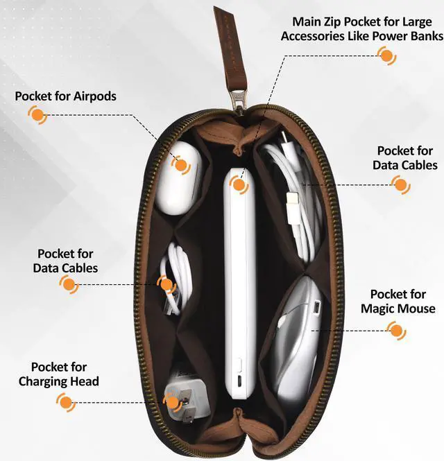 Alt view image 3 of 5 - NUTUCH Leather Tech Pouch for Cables Chargers Phone | Tech Bag | Zipper Travel Accessory Pouch | Electronic Organizer Case Travel Bag (Vintage Dark Brown)