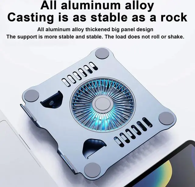 Alt view image 4 of 5 - YOVDA Laptop Cooler Cooling Pad Stand - Slim Ergonimic Laptop Stand for Desk, 3 Speed Cooling Fan Adjustable Height Laptop Cooling Stand for MacBook 11-15.6 Inch, Blue & Gray
