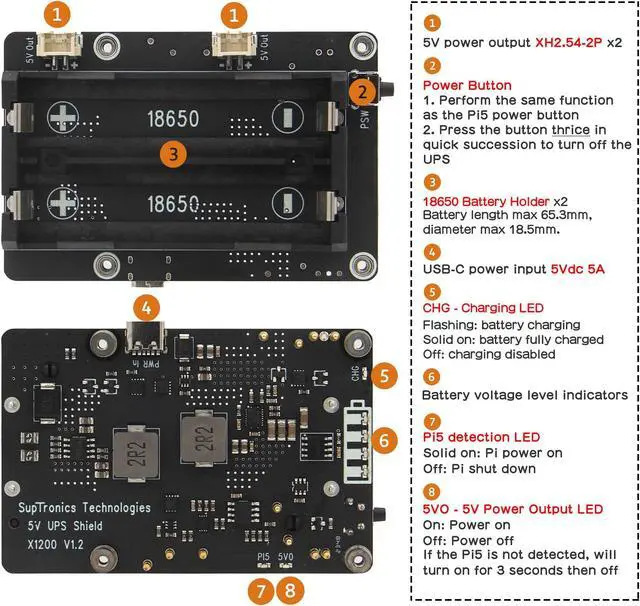 Alt view image 2 of 5 - Geekworm X1200 5V UPS HAT Shield for Raspberry Pi 5|Max 5.1V 5A Output|Auto Power On|Safe Shutdown|Power Loss Detection Function
