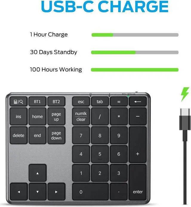 Alt view image 3 of 5 - iClever Number Pad, Aluminum Wireless Number Pad for Multi Devices, USB-C Rechargeable, External 34-Keys Bluetooth Keyboard for Data Entry, Compatible for Laptop, Mac, iMac, Tablet, PC Desktop