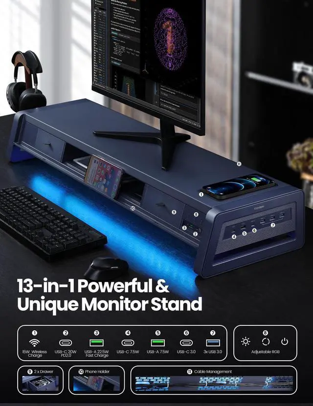 Alt view image 2 of 5 - Vaydeer All-in-One Dual Monitor Stand Riser with 2 Drawers, 8USB Ports and Wireless Charging Pad with LED Light Strip for 2 Monitors , Desk Organizer for PC, iMac (Metal, 39.3 inches)