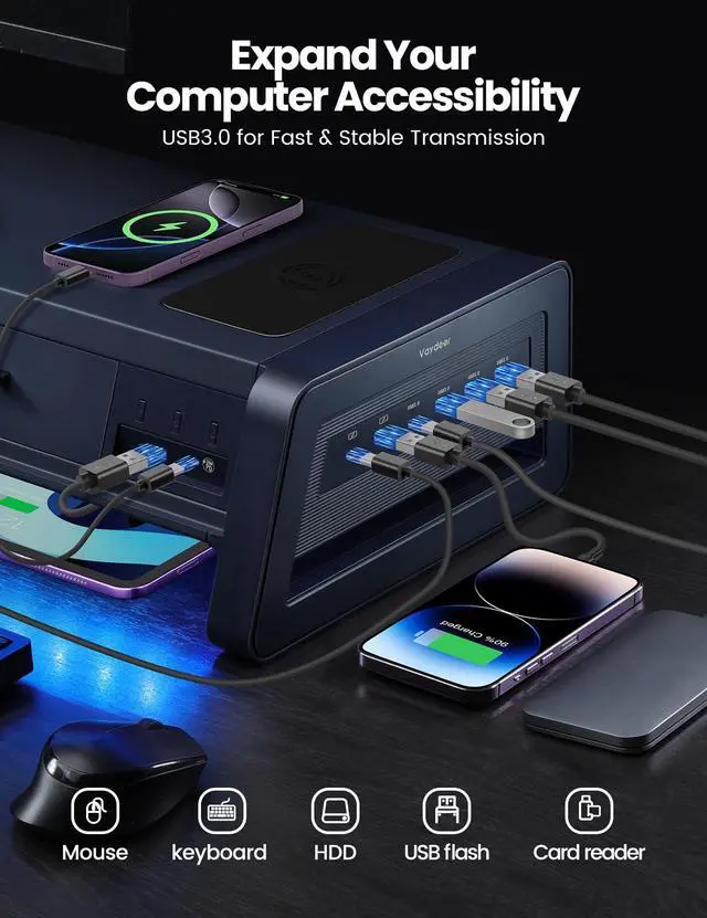 Alt view image 3 of 5 - Vaydeer All-in-One Dual Monitor Stand Riser with 2 Drawers, 8USB Ports and Wireless Charging Pad with LED Light Strip for 2 Monitors , Desk Organizer for PC, iMac (Metal, 39.3 inches)