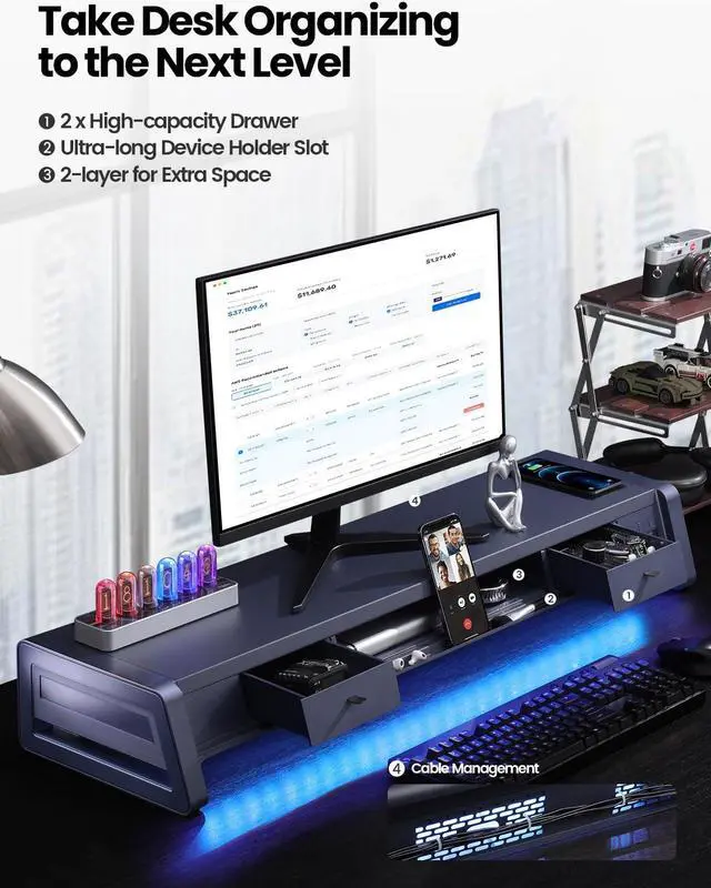 Alt view image 4 of 5 - Vaydeer All-in-One Dual Monitor Stand Riser with 2 Drawers, 8USB Ports and Wireless Charging Pad with LED Light Strip for 2 Monitors , Desk Organizer for PC, iMac (Metal, 39.3 inches)